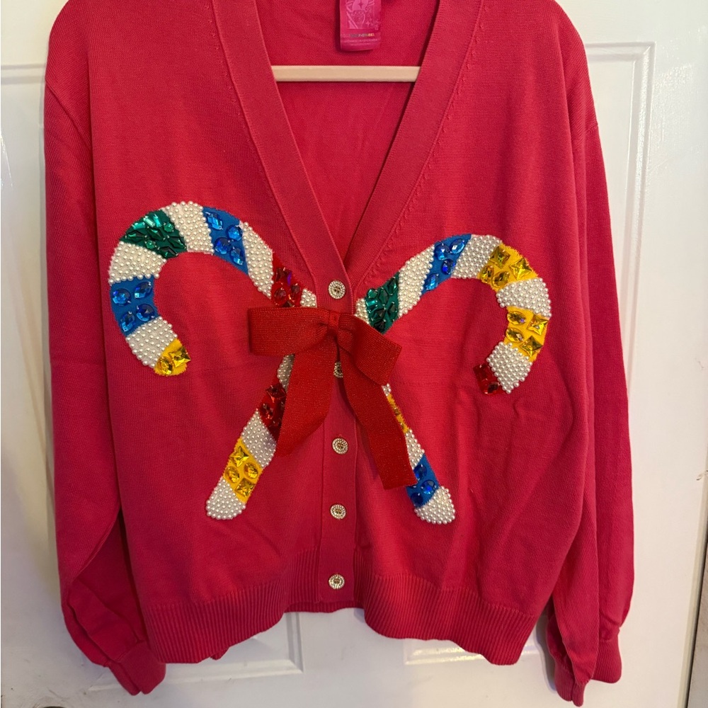 QUEEN OF SPARKLES Hot Pink Cardigan with Candy Cane Accents
